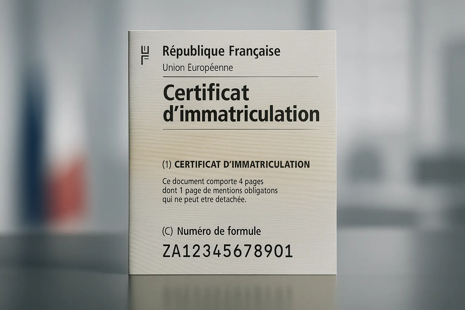 Close-up of a French vehicle registration document highlighting the unique document number.