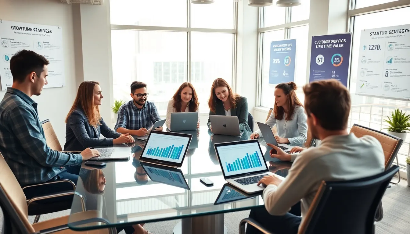 diverse team discussing startup growth strategies in a modern office.