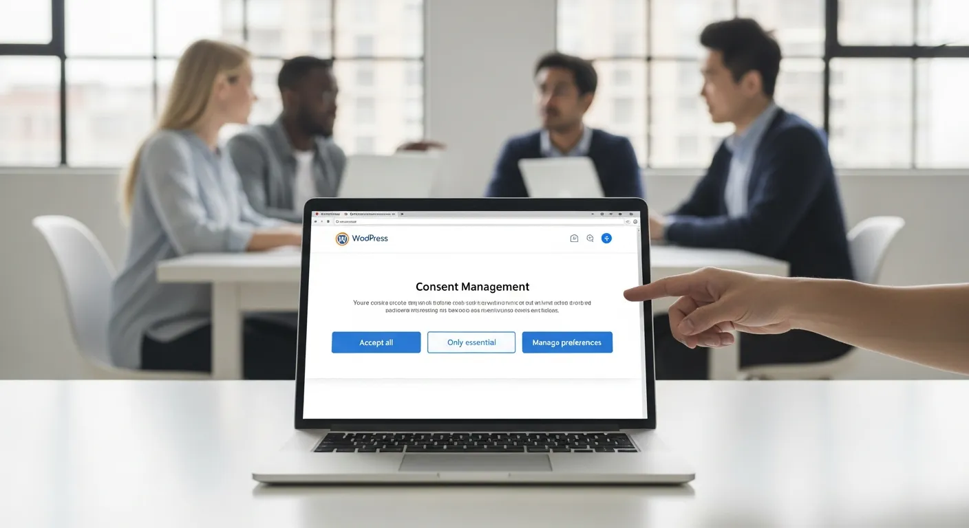 WordPress site on laptop showing branded cookie consent banner with clear options.