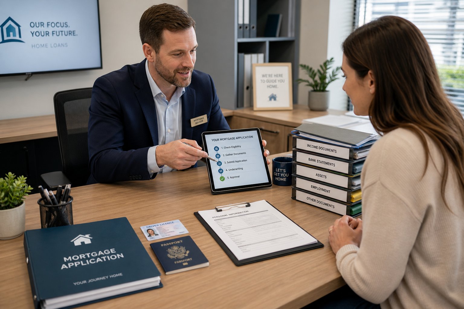 Adviser helping client complete a neatly organised mortgage application in a professional office.