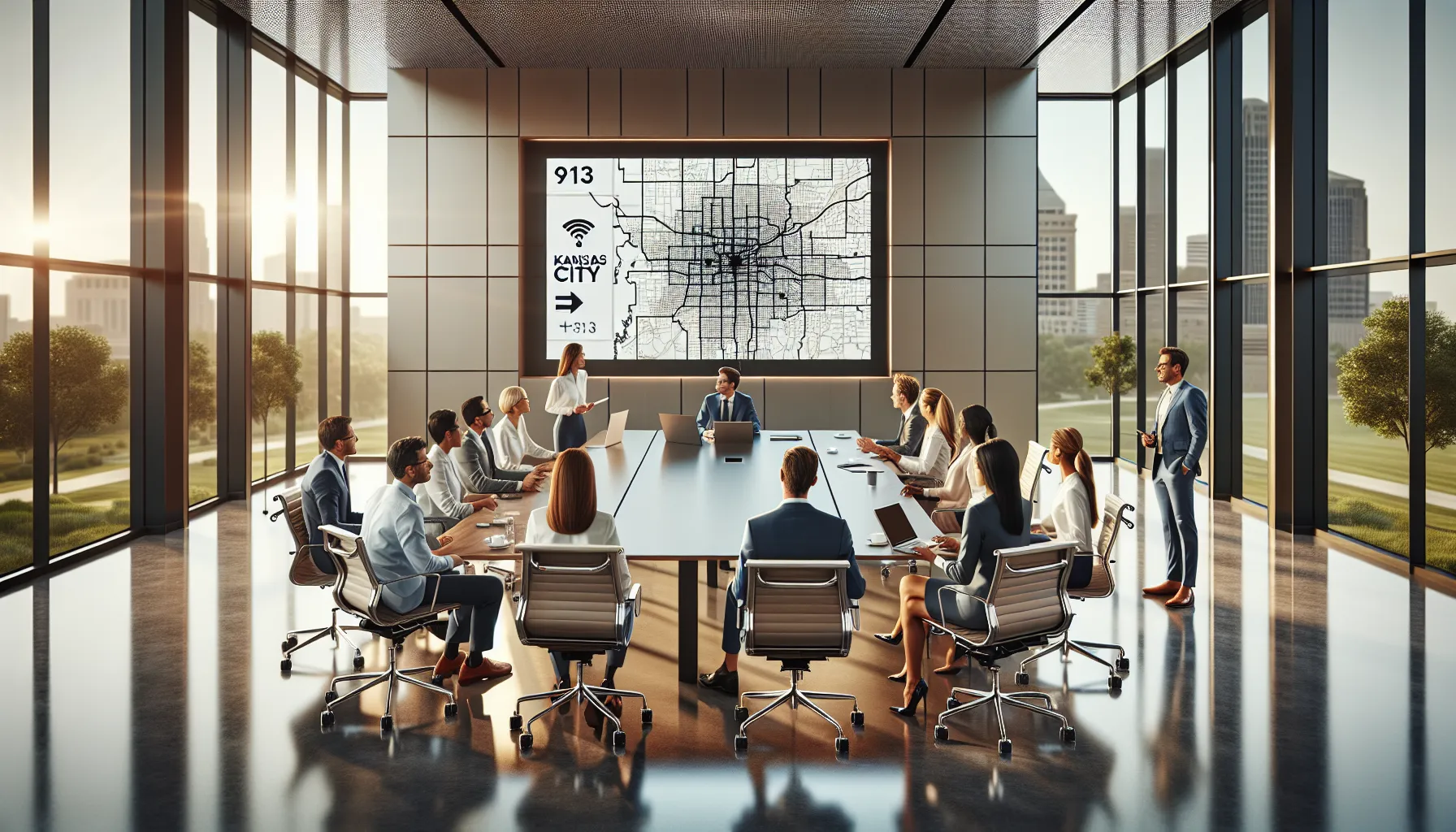 professionals discussing the Kansas City area code 913 in a modern office.