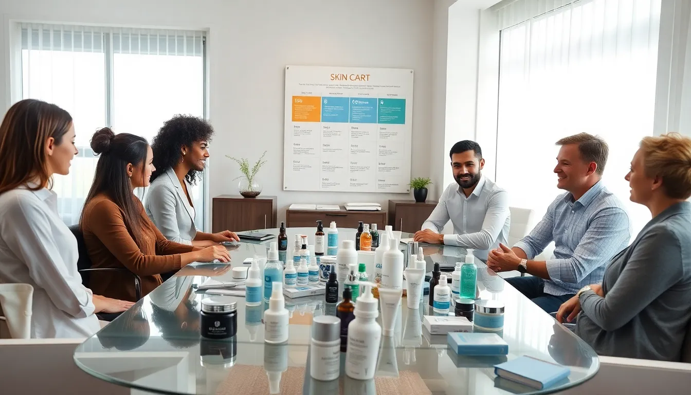 diverse group discussing skincare products at a modern conference table.
