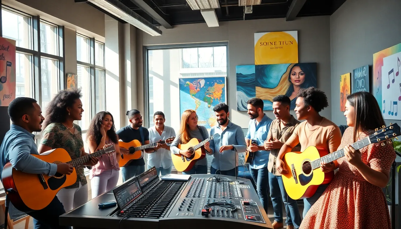 diverse musicians collaborating in a modern studio.