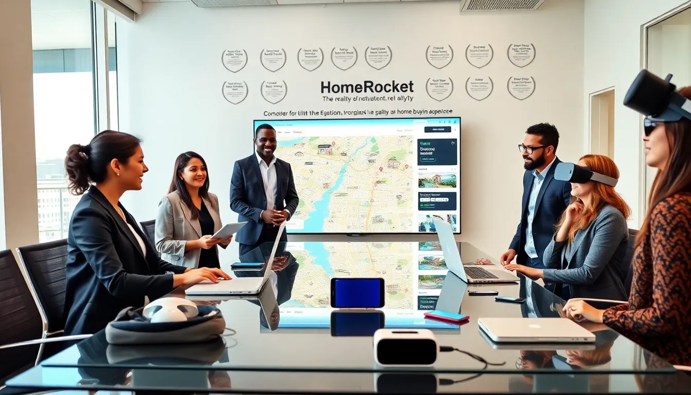 a diverse team discussing real estate technology in a bright office.