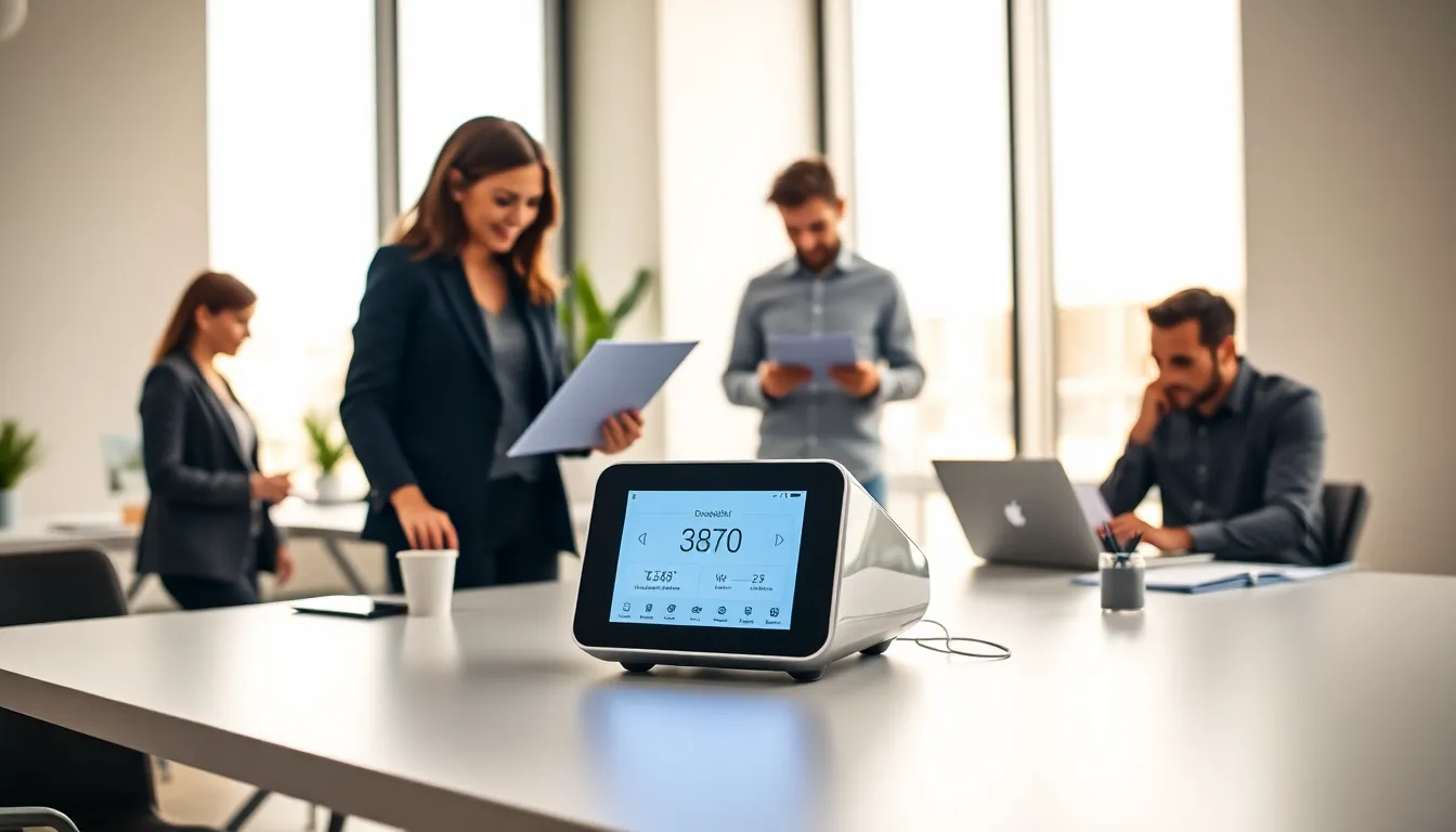 Diverse professionals exploring the features of the Drewser3870 in a modern office.