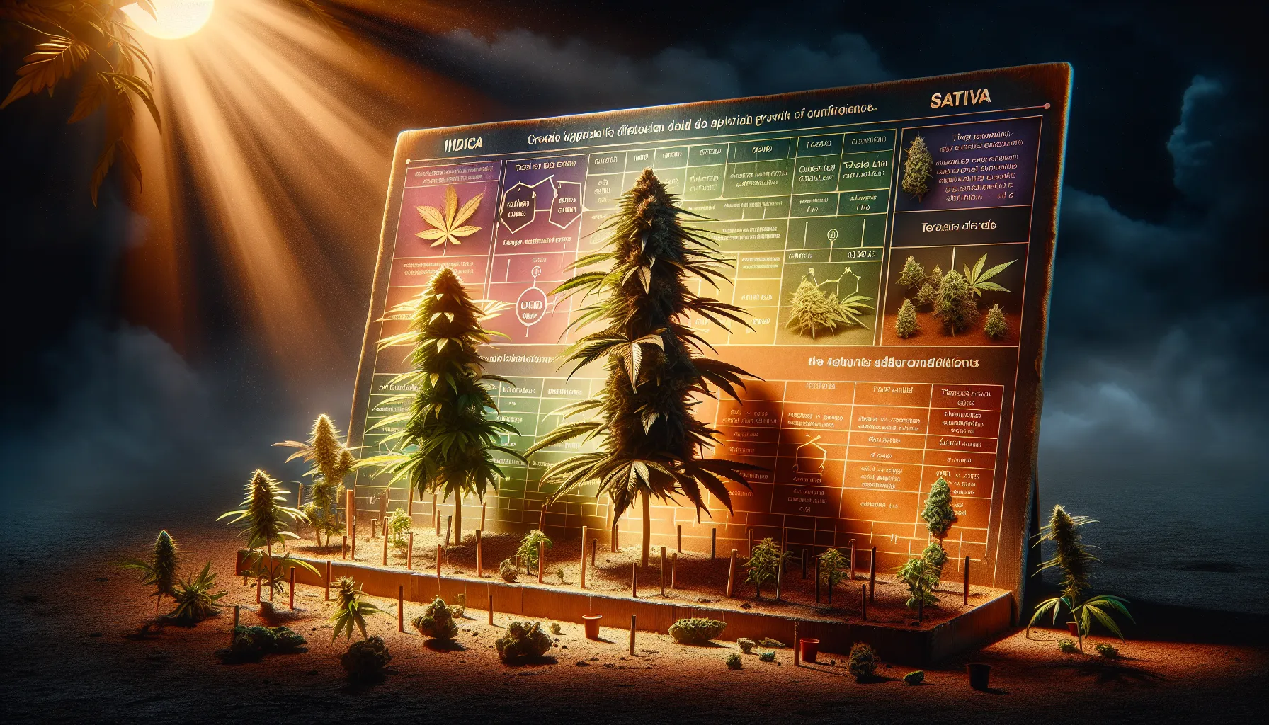 Indica and sativa cannabis plants in distinct environments highlighting their differences.