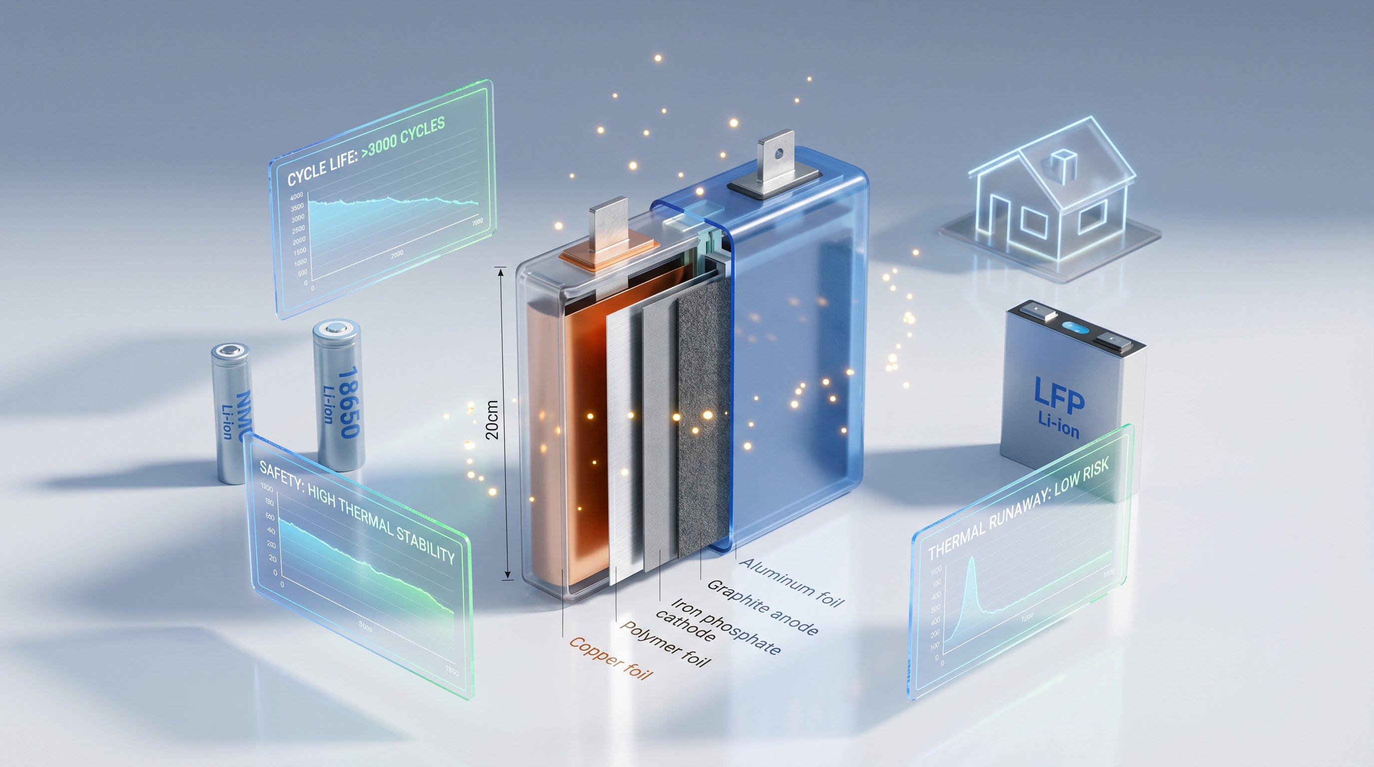 3D cutaway render of LiFePO4 battery cell with internal layers and comparison elements.