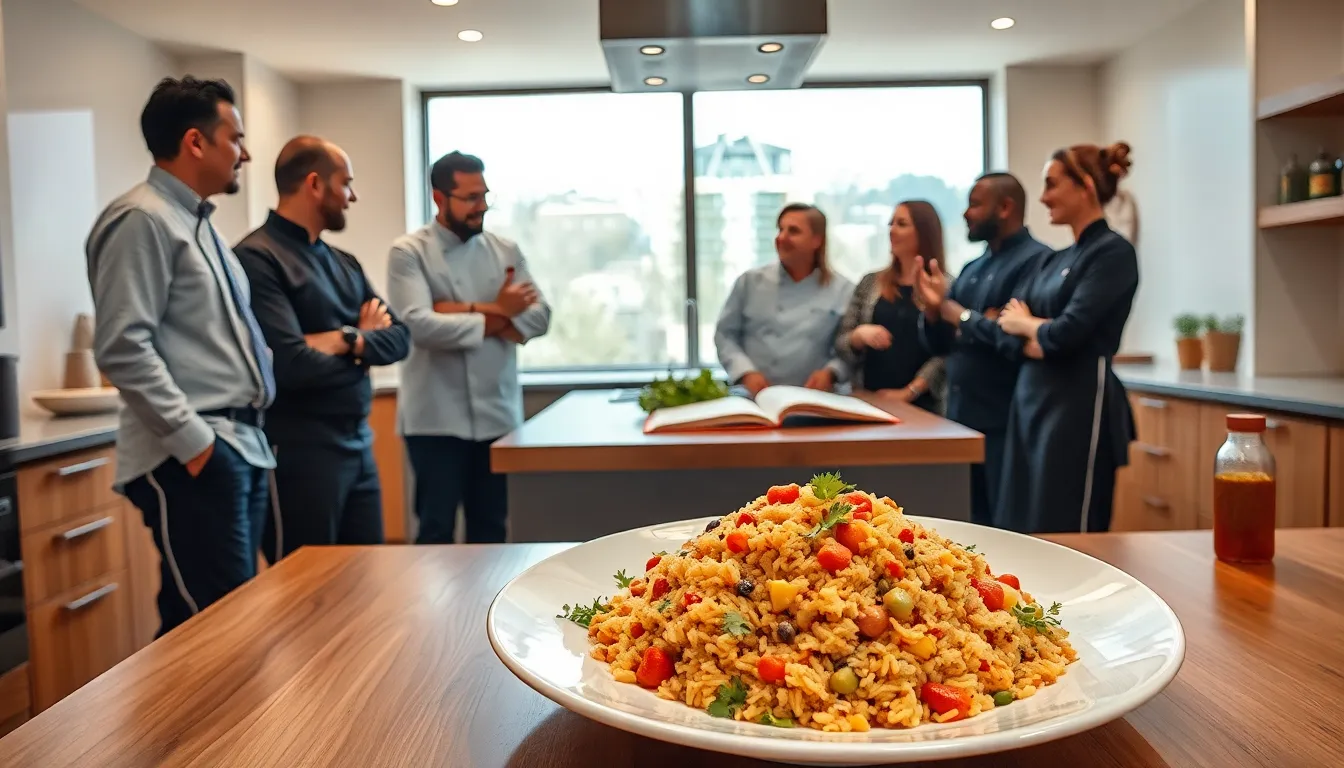 Professionals discussing rasnkada in a modern kitchen setting.