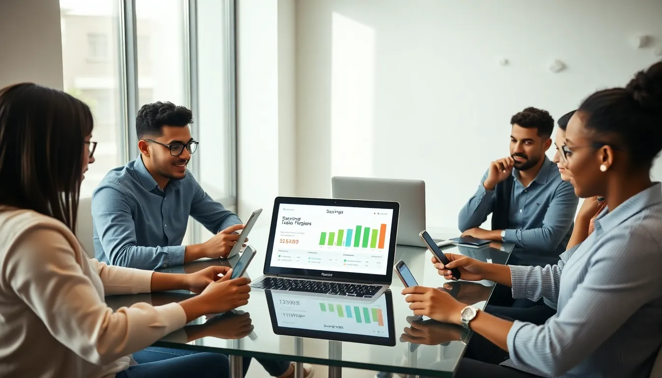diverse team using savings apps in a modern office setting.