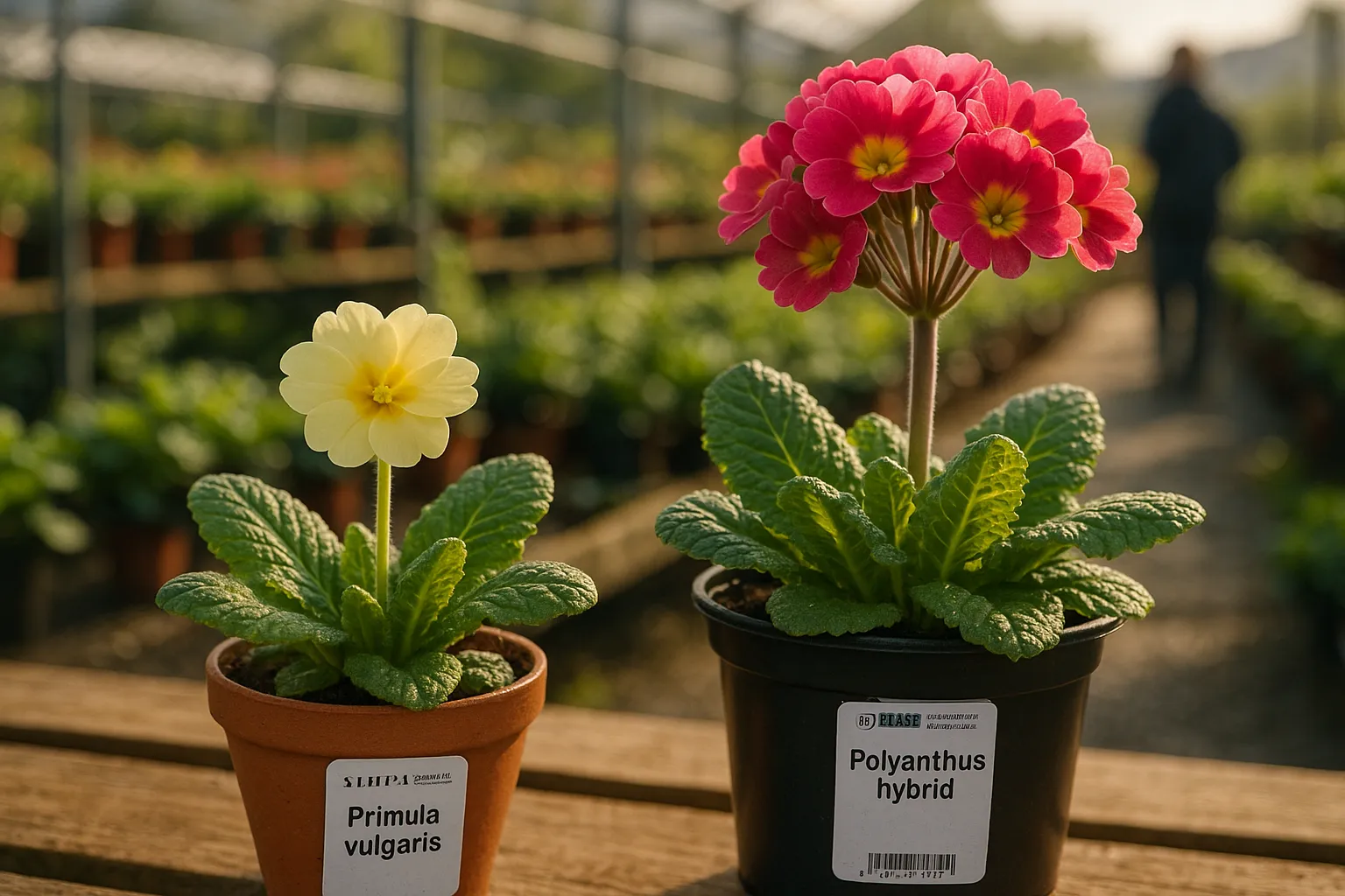 Side-by-side primrose (single bloom) and polyanthus (clustered flowers) on nursery bench.