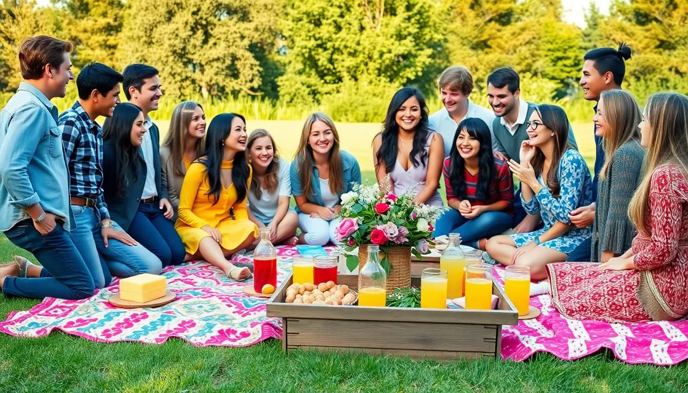 diverse group enjoying a thrifty outdoor event with eco-friendly decorations.