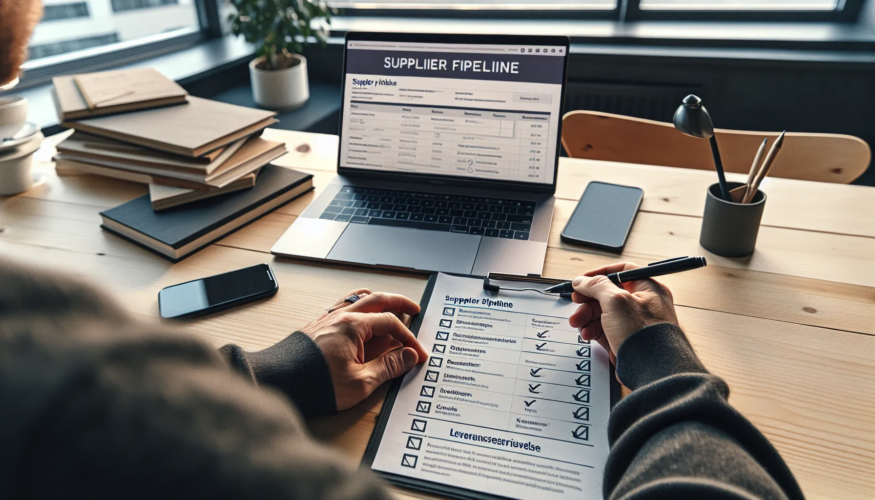 Entrepreneur in a norwegian office qualifying suppliers with checklist, laptop, and call.