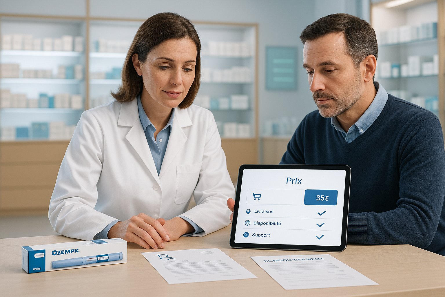 Pharmacist and patient reviewing medication price and reimbursement in a French pharmacy.