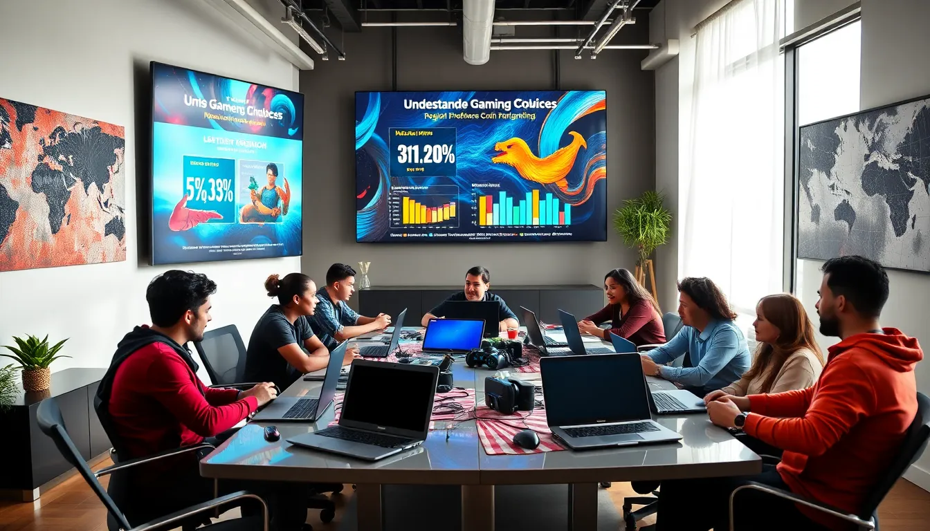 diverse team discussing gaming preferences in a modern office.
