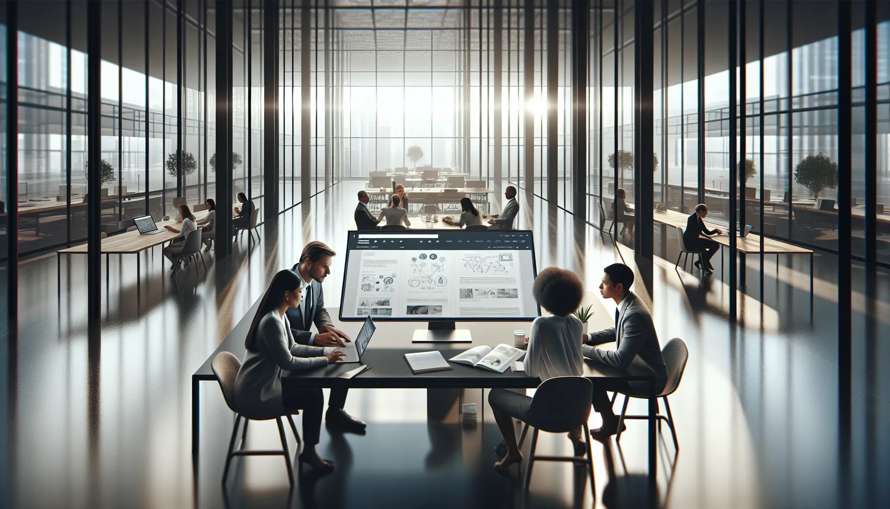 diverse team discussing content on a laptop in a modern office.