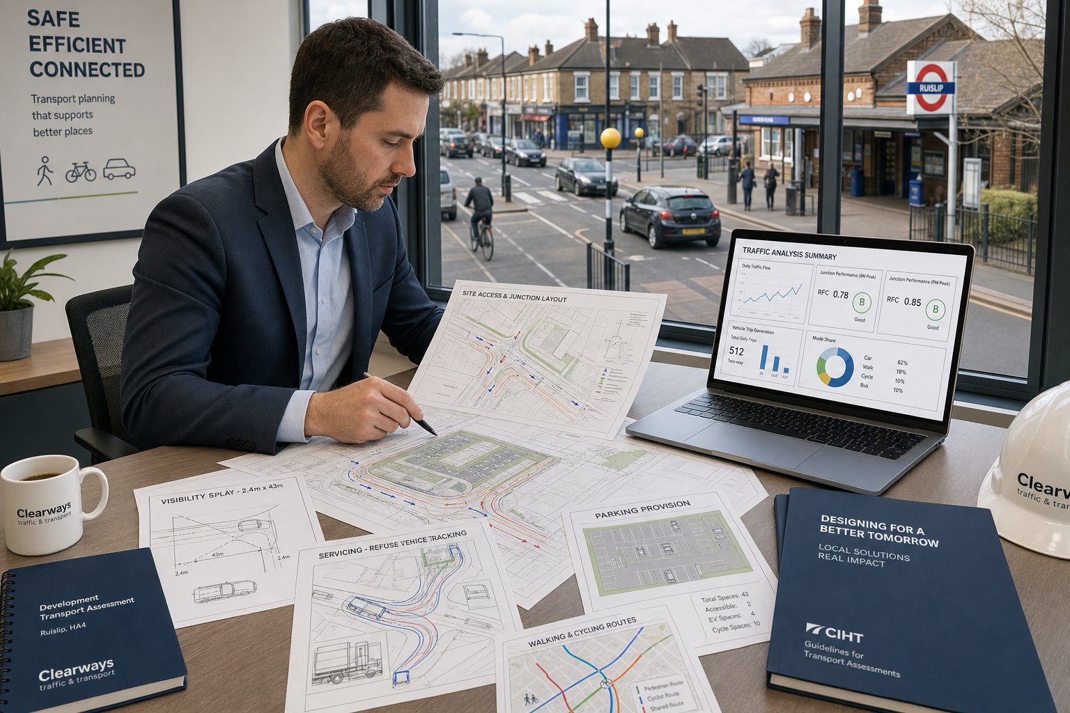 Traffic engineer reviewing development transport plans in a modern Ruislip office.