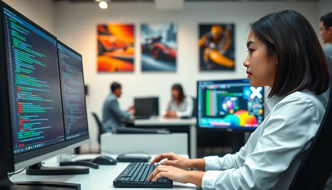 developer coding in C++ at a modern workstation.