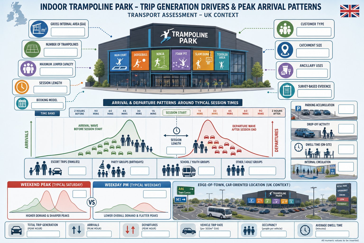 Infographic of trampoline park trip drivers and peak arrival patterns in the UK.