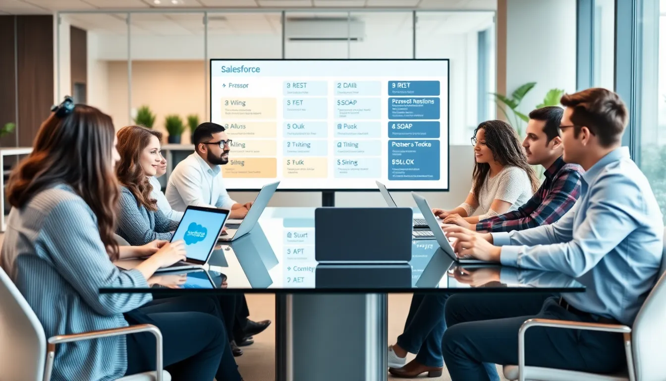 diverse team discussing Salesforce API integrations in a modern office.
