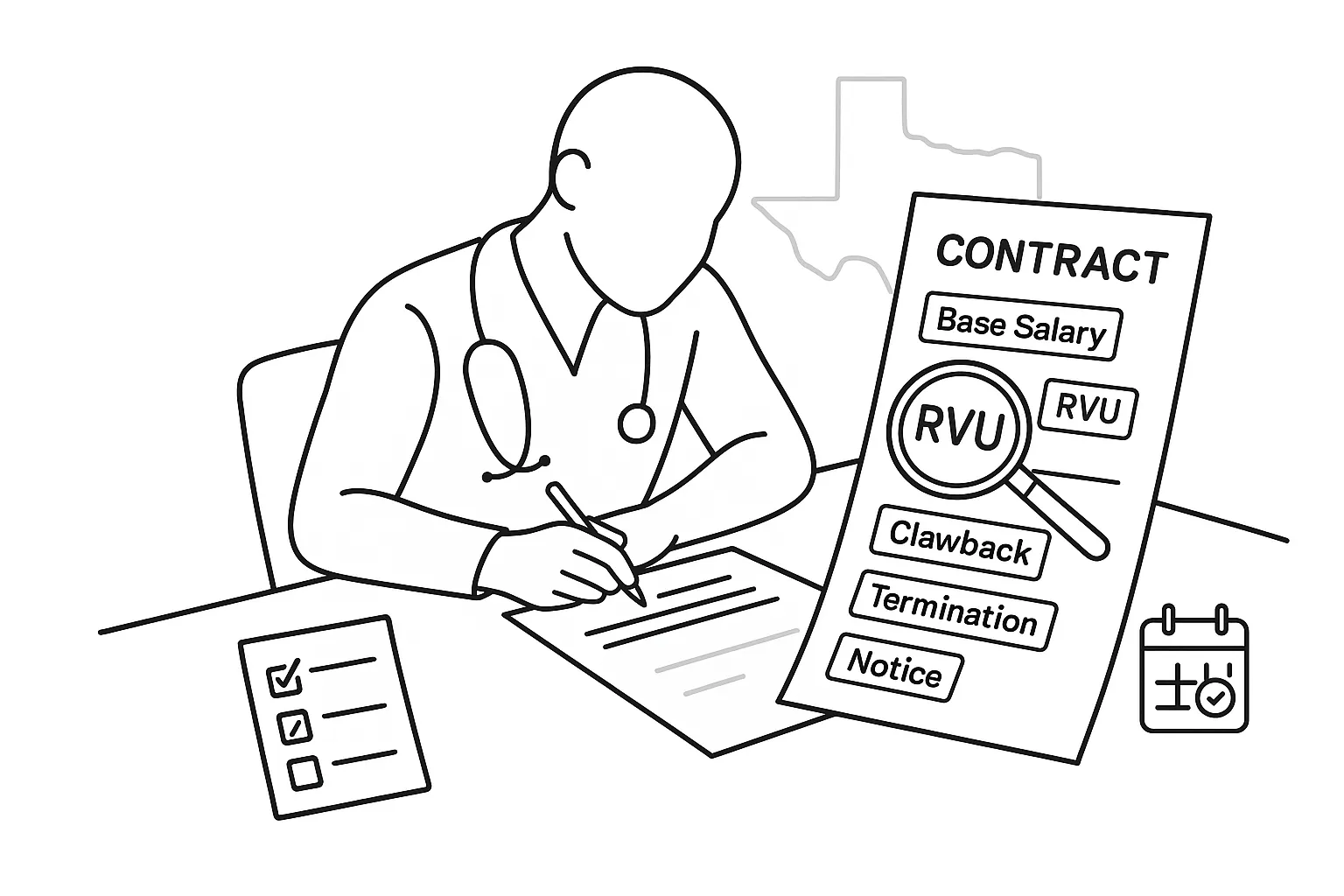 Physician assistant at desk reviewing a contract with keywords and Texas Physician Assistant Contract Review.