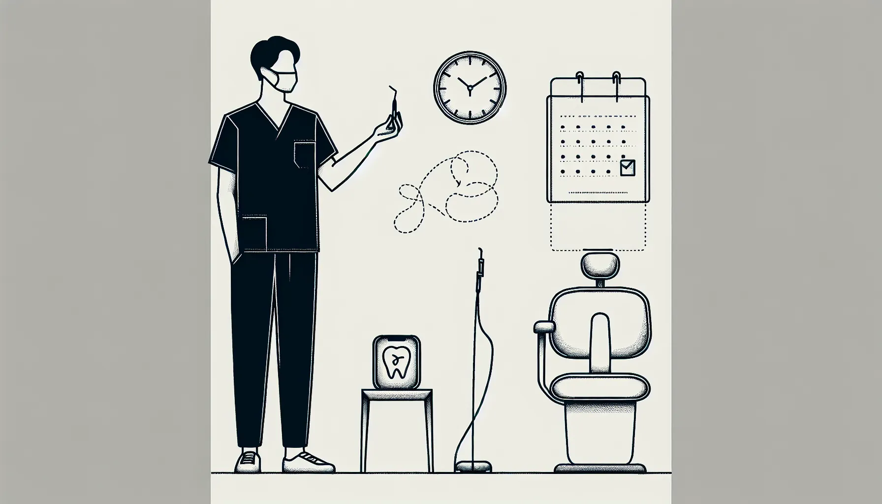Dentist balancing schedule with clock, calendar, clipboard, and phone for duties.
