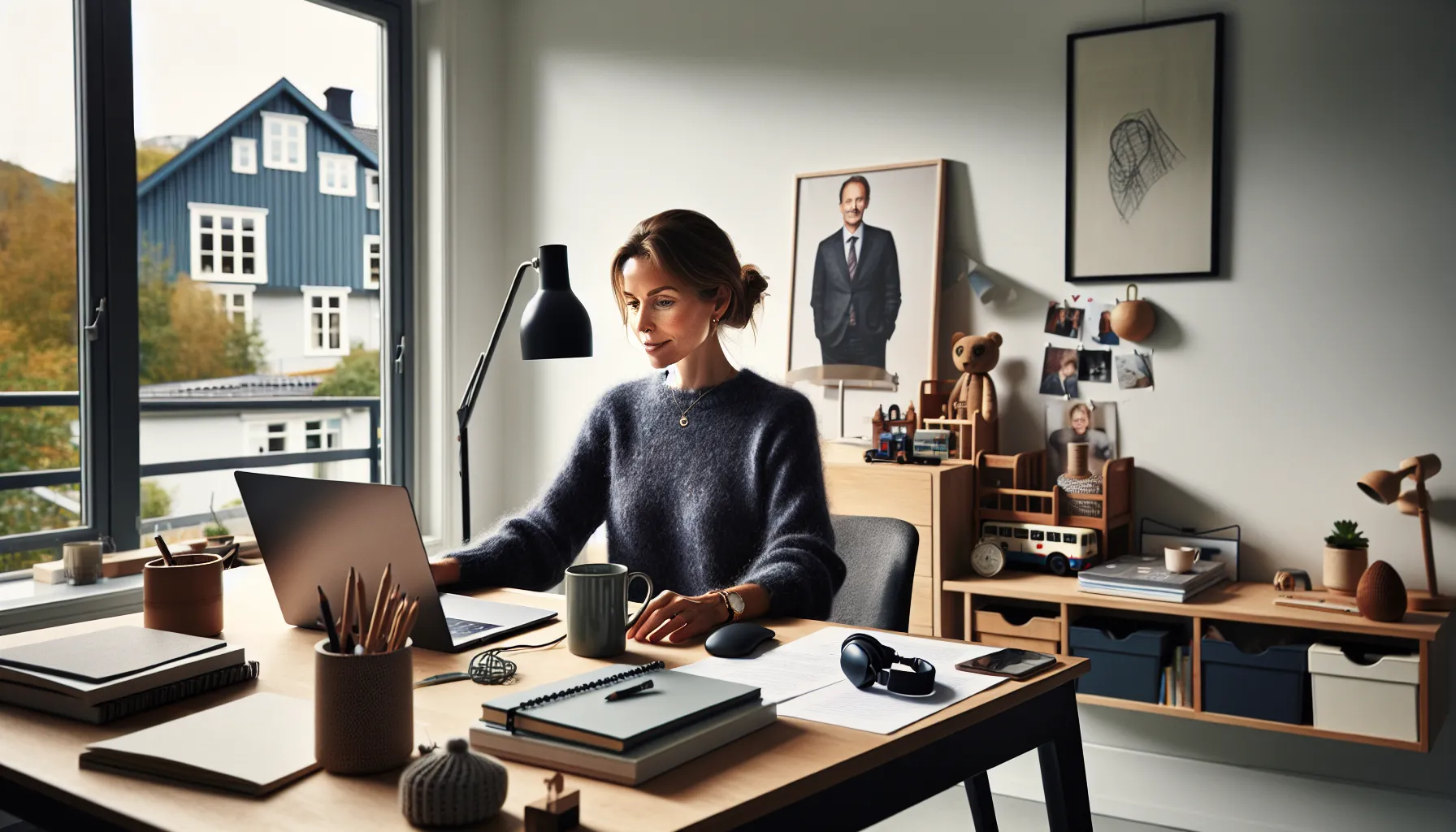 Norwegian woman in a home office video call discussing flexible work and family balance.