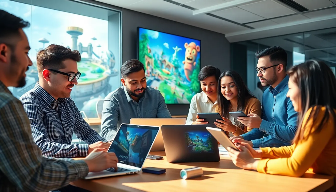 diverse team collaborating in a modern tech office on game design.