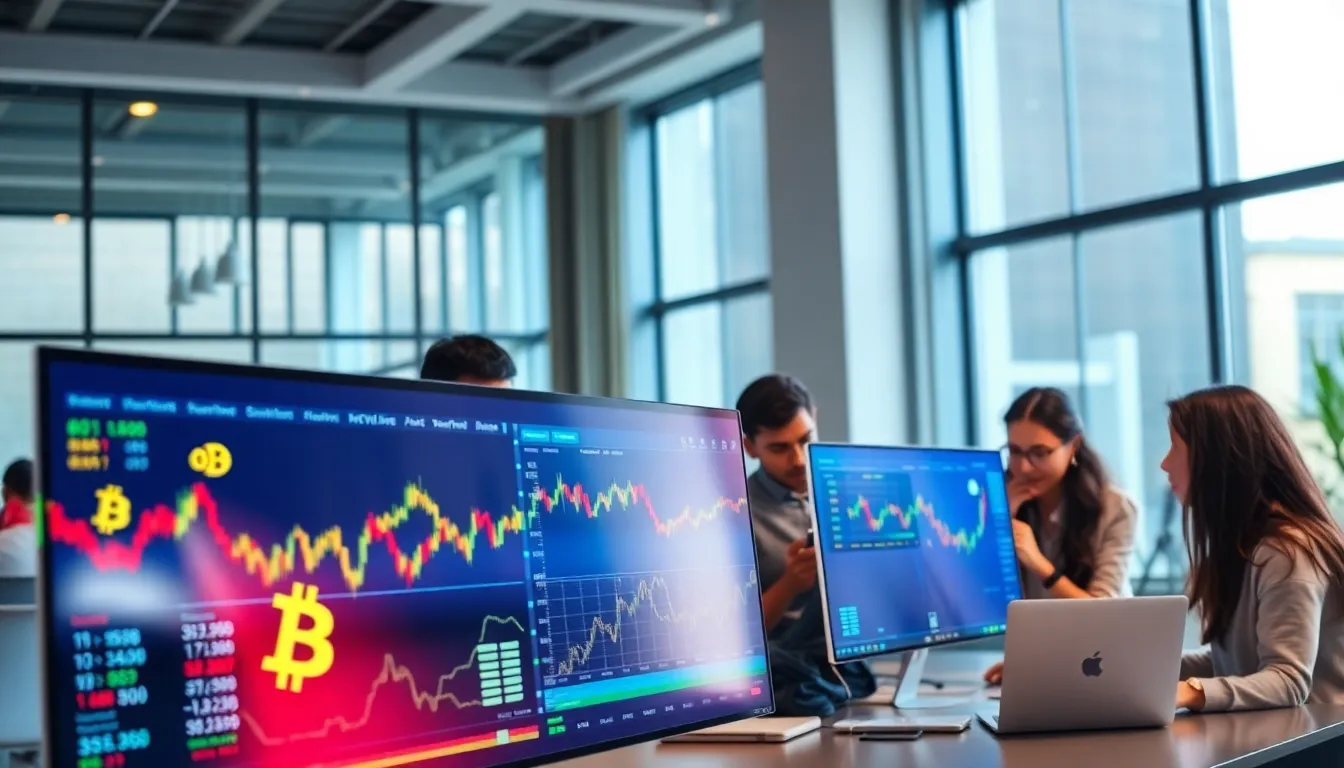 diverse professionals trading cryptocurrencies in a modern office.