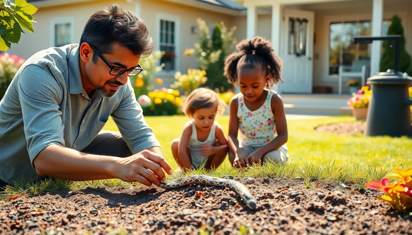 family examining garden for signs of garter snakes.