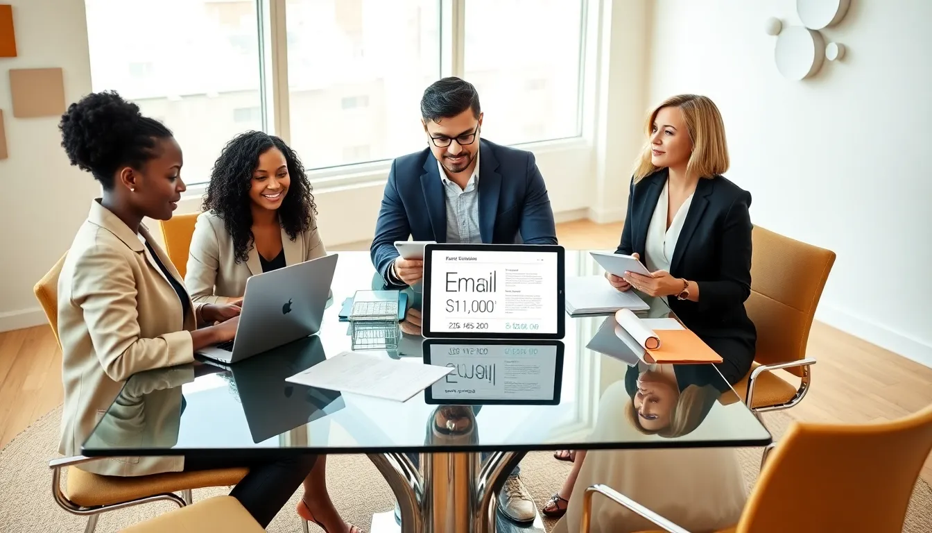 professionals collaborating over email in a modern office setting.