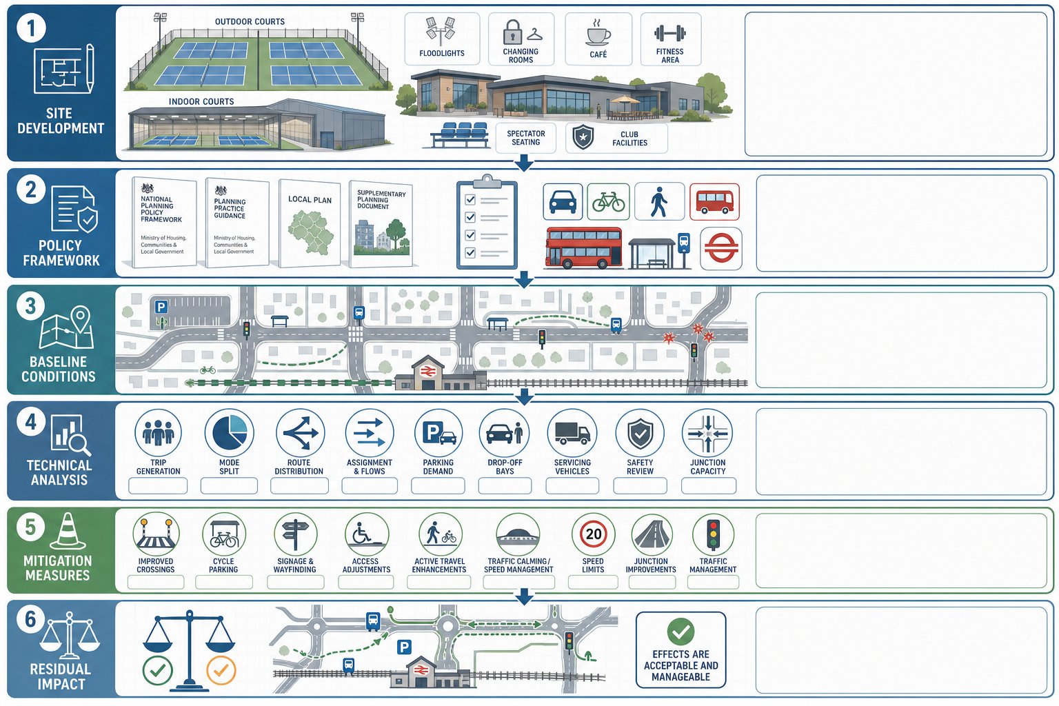 Infographic showing the main parts of a pickleball courts transport assessment.