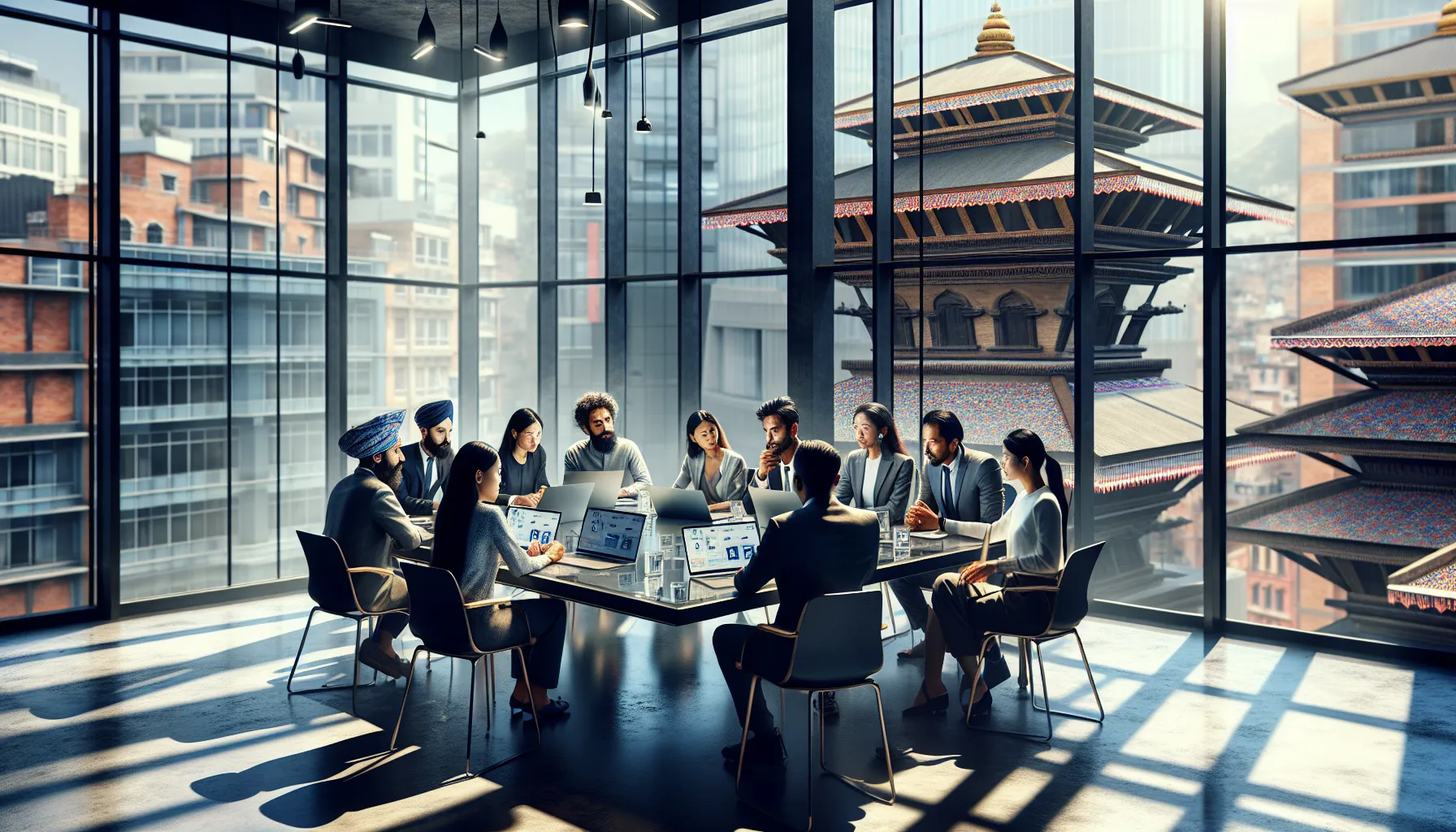 diverse professionals discussing Nepalichikai in a modern office.