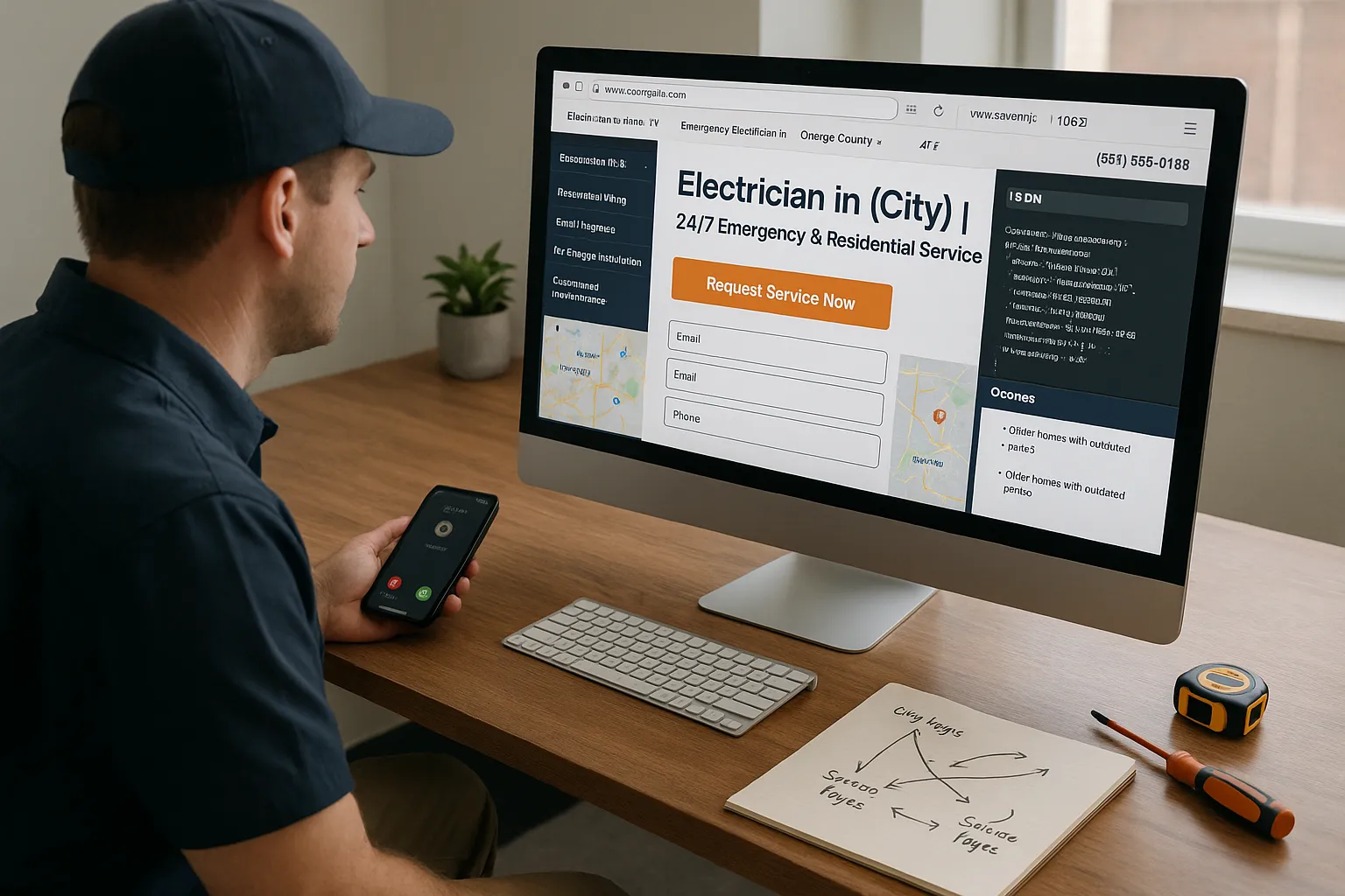 Electrician in office optimizing his website for local SEO with city pages and schema.