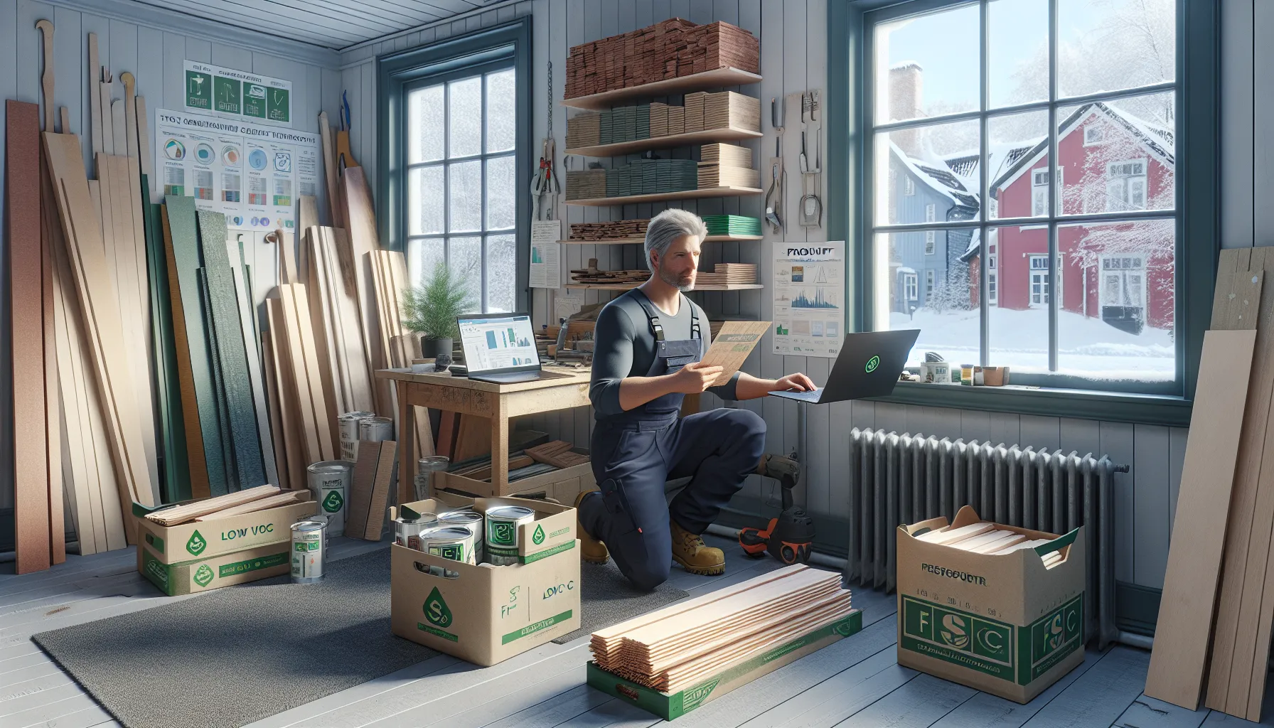 Contractor in norway comparing fsc wood, reclaimed bricks, and low-voc products.