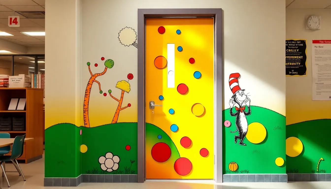 colorful door decorated in Dr. Seuss theme with playful designs.