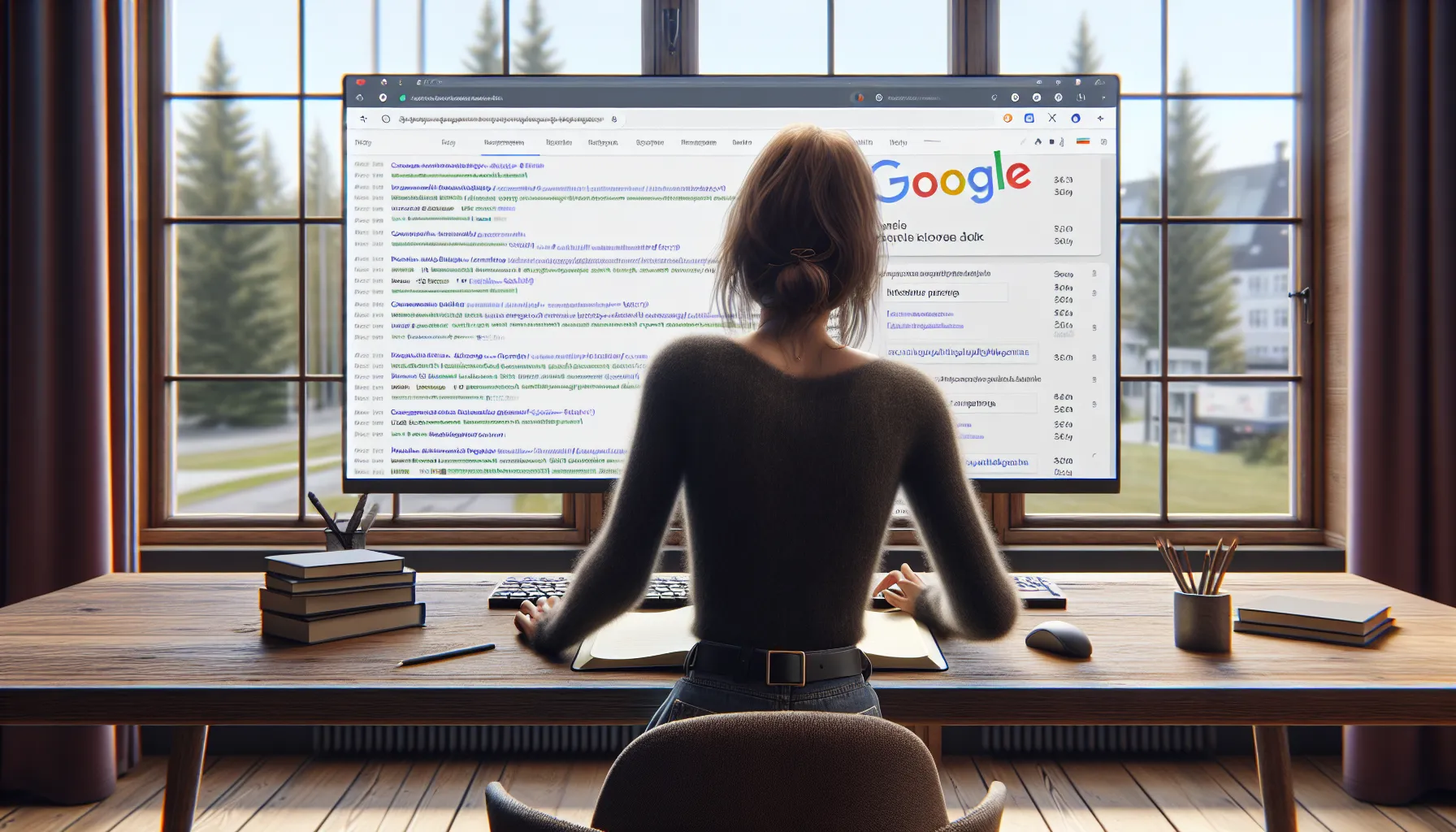 Norwegian marketer analyzing google serp and keyword tools to plan seo-friendly content.