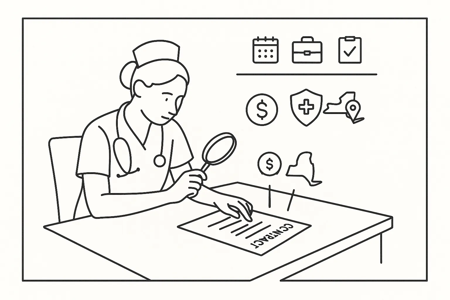 Nurse practitioner reviewing a contract with NY outline and legal icons of New York Nurse Practitioner Contract Review.