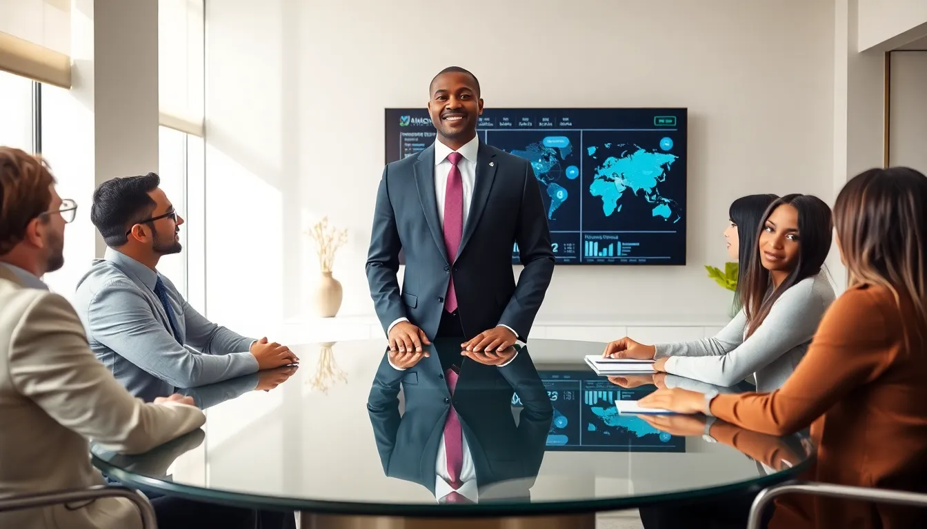 Timothy Williams leading a diverse team in a modern office setting.