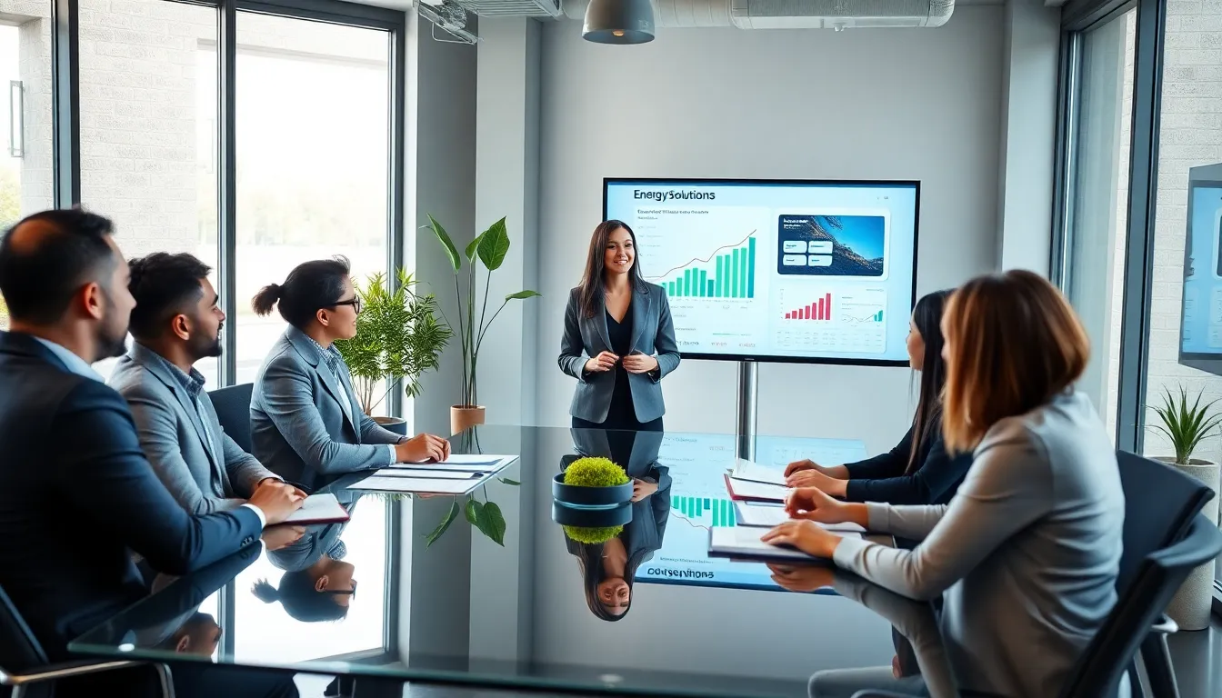 diverse team discussing energy solutions in a modern office.