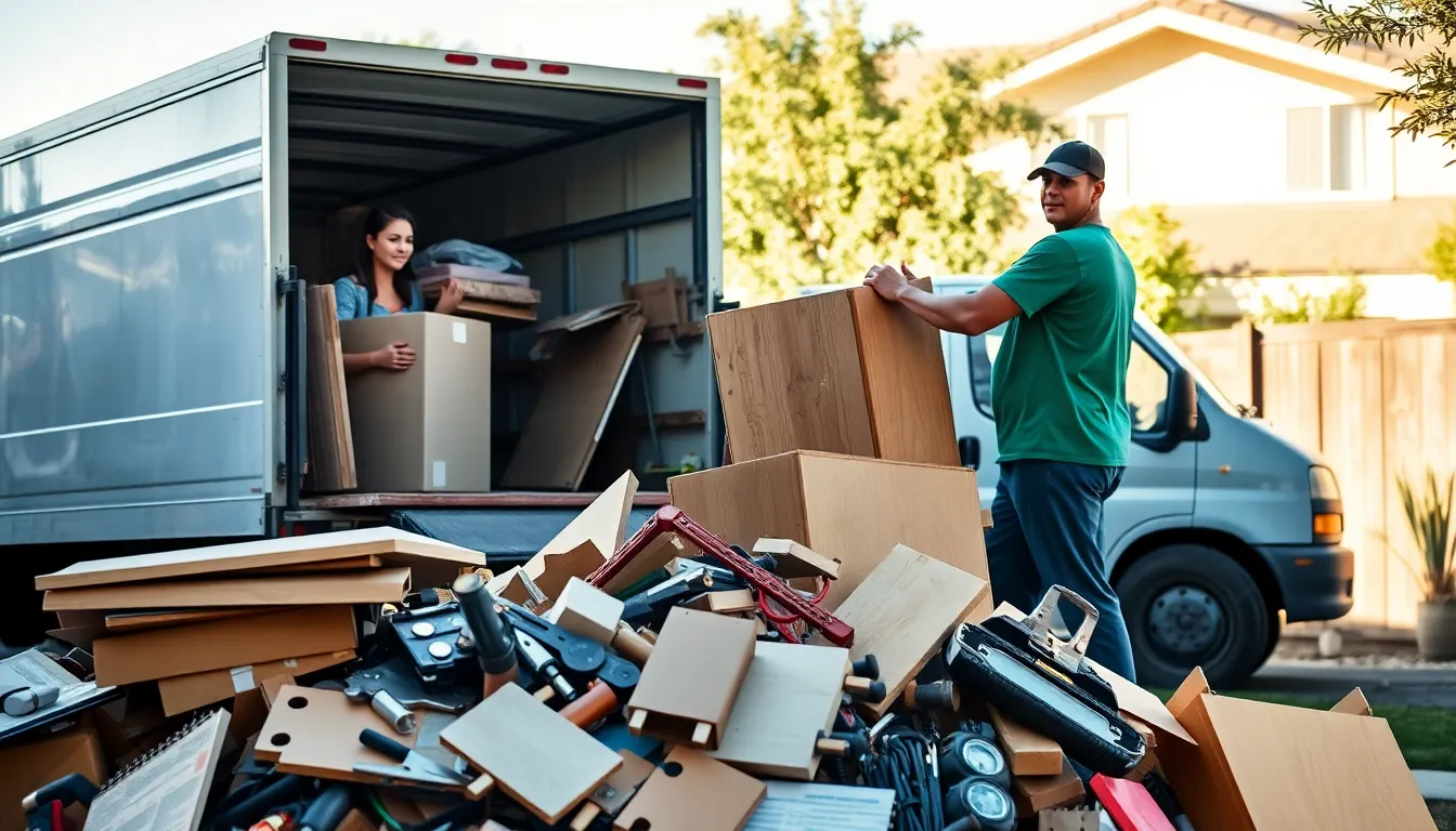 professional junk haulers working in a sunny Fresno backyard.