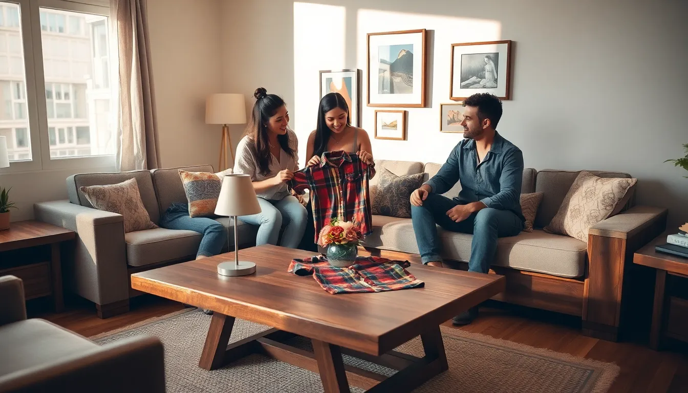 diverse group discussing thrifted items in a cozy living room.