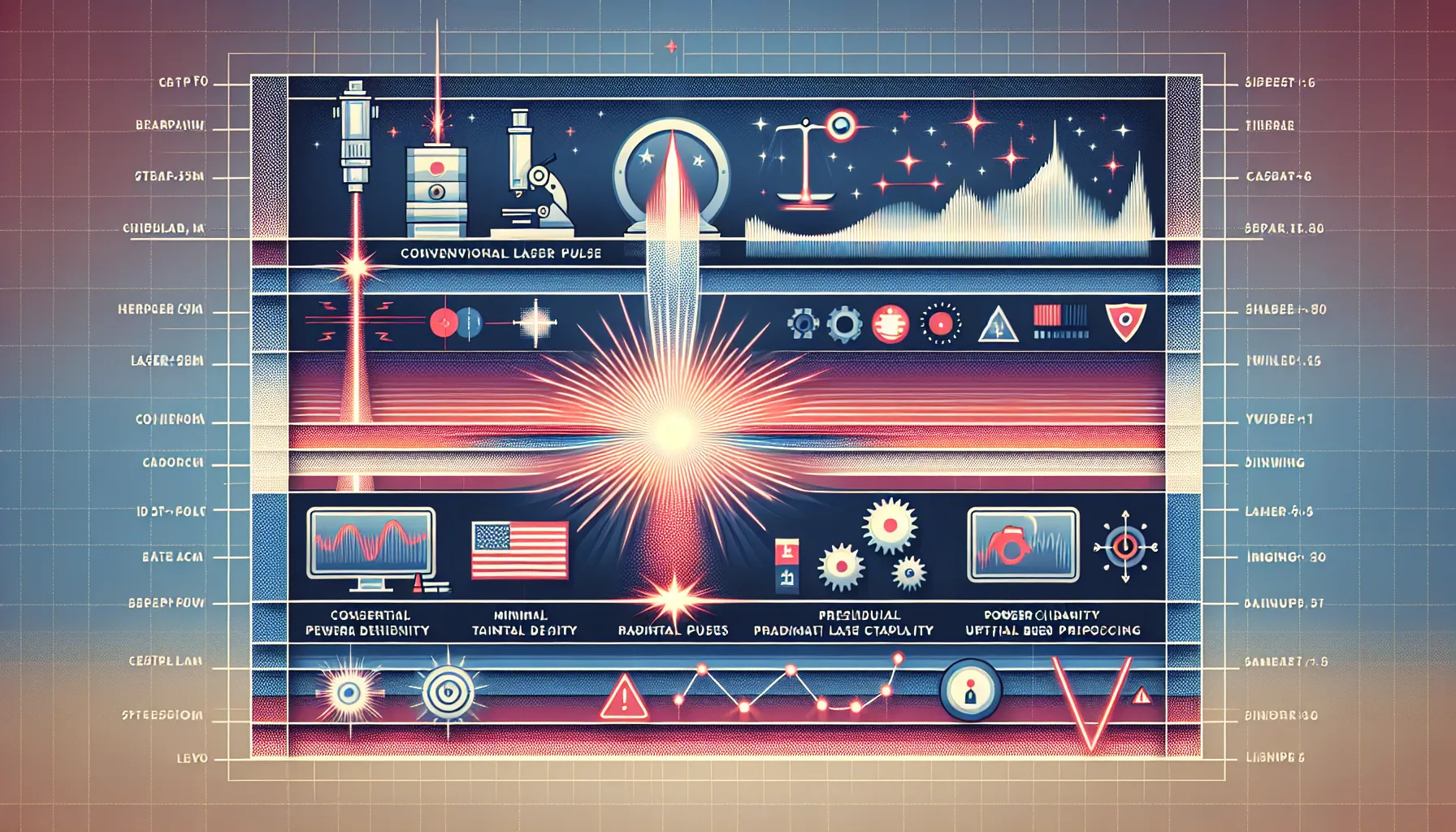 layered illustration showing ultrafast laser pulses, their power, uses, and balancing challenges