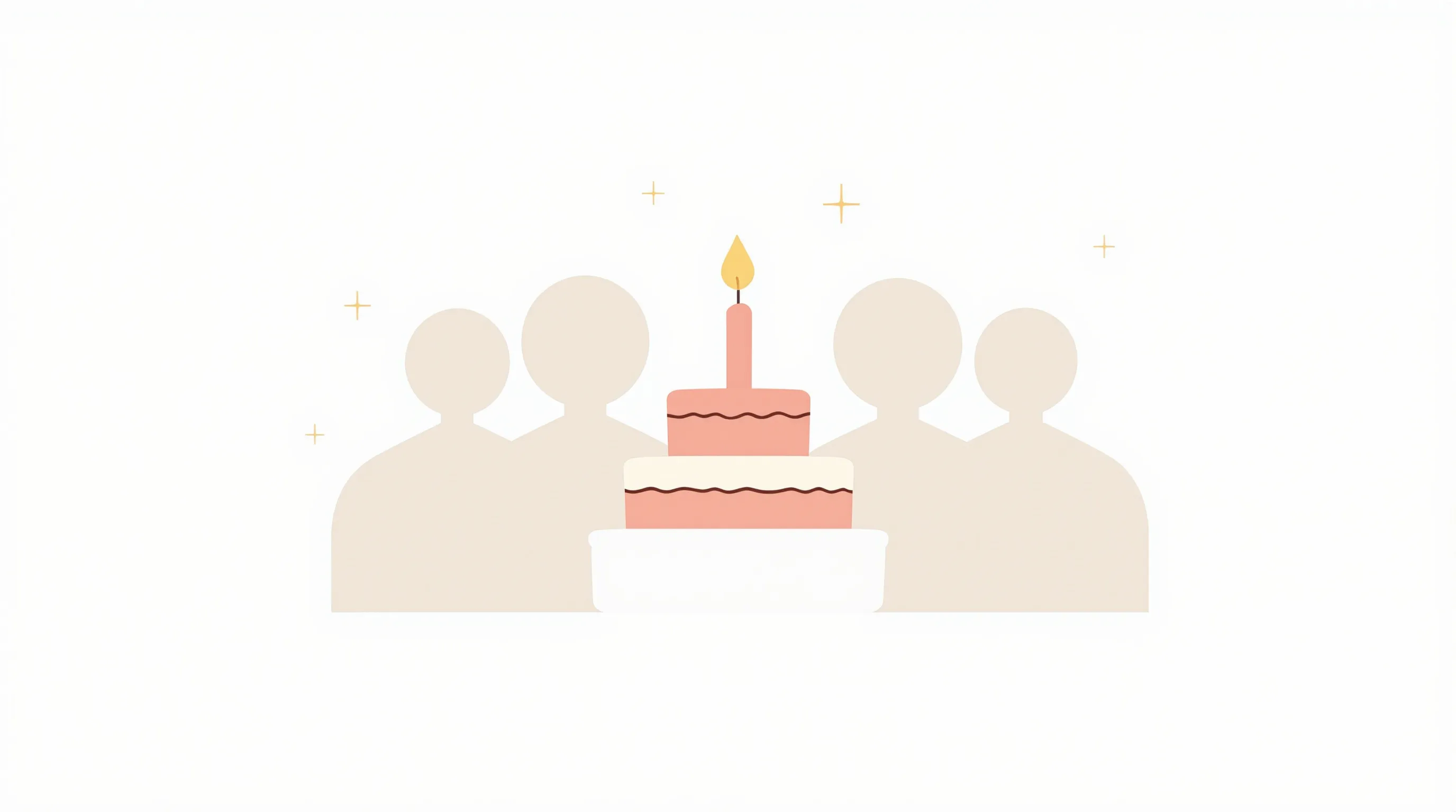 Minimalist birthday cake surrounded by simple silhouettes of a team celebrating together.