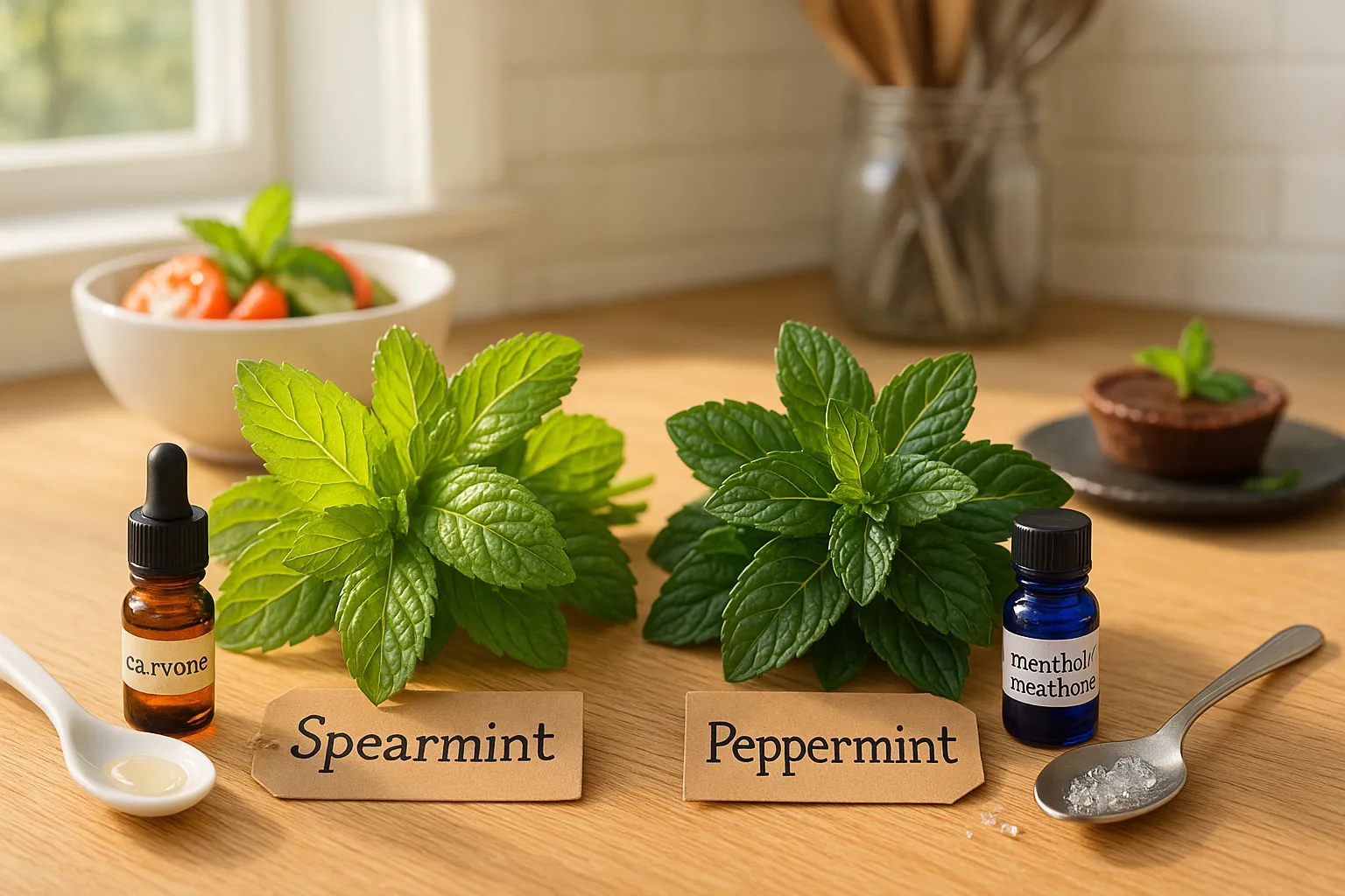 two labeled spearmint and peppermint bunches with vials and food pairings