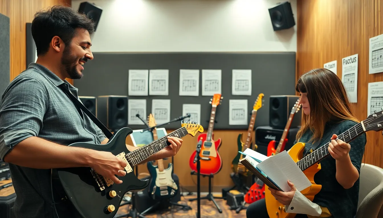 musicians experimenting with unique guitar chords in a modern studio.
