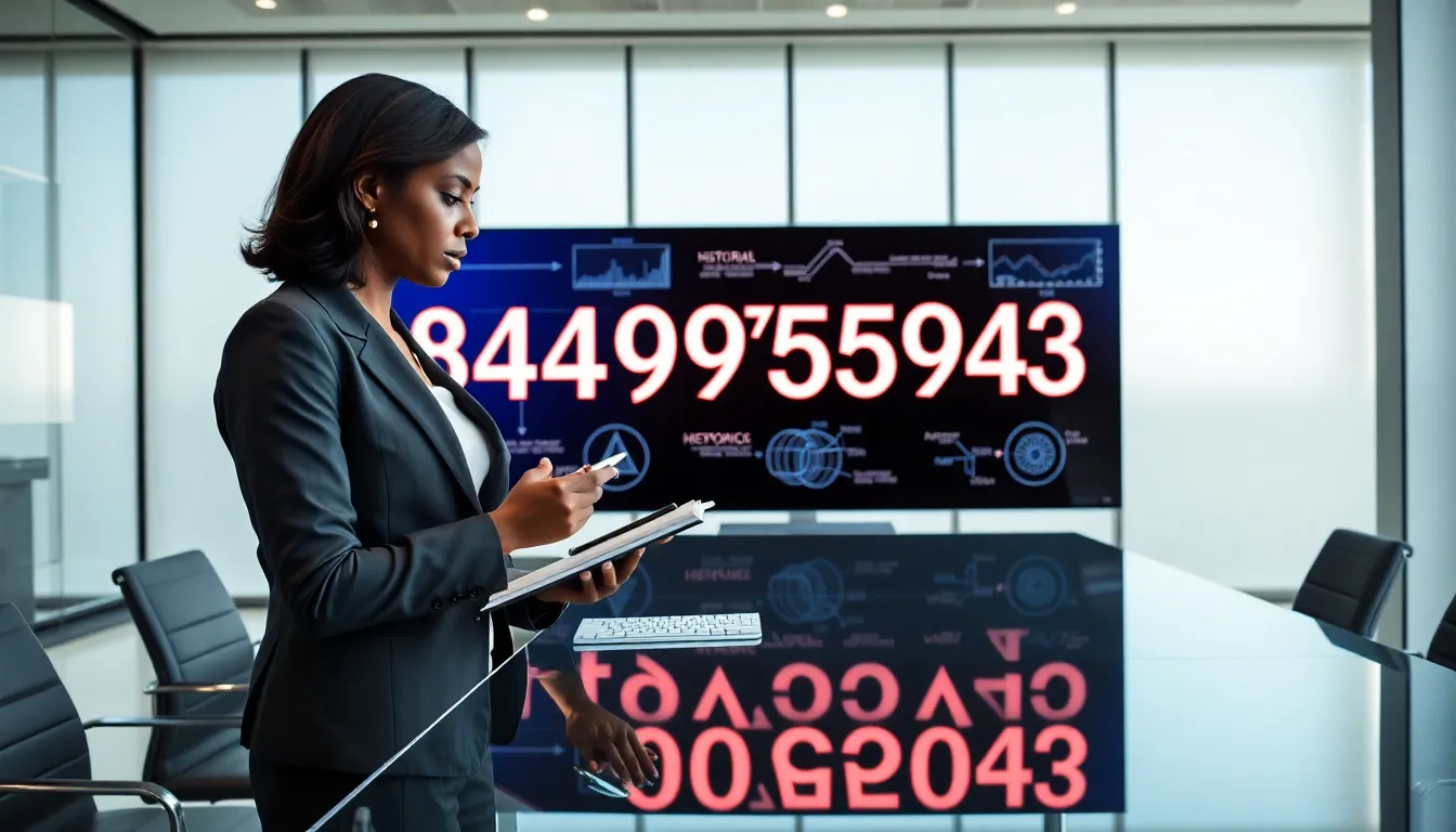 professional analyzing the number 18449755943 in a modern office.