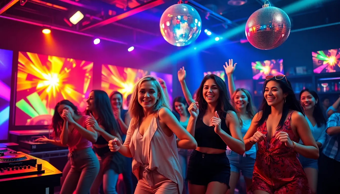 diverse group dancing joyfully in a vibrant nightclub setting.