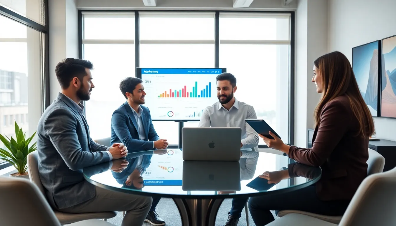 Diverse professionals collaborating on marketing technology in a modern office.