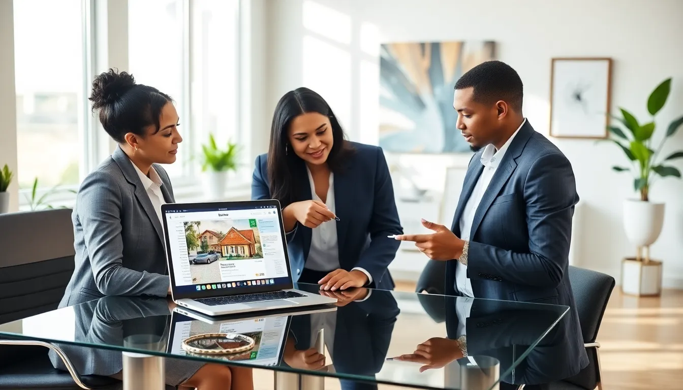 diverse team discussing foreclosure home buying in a modern office.