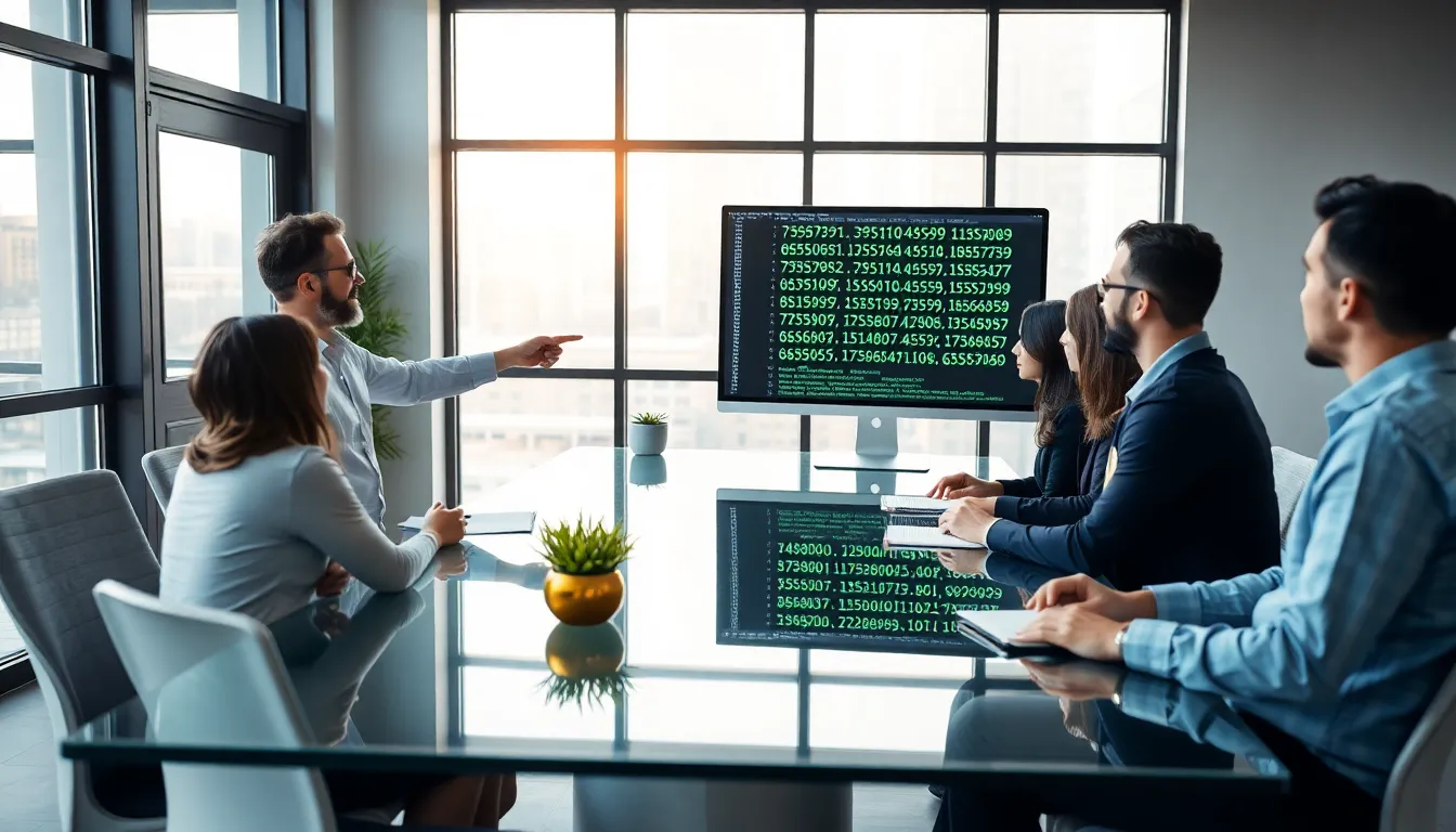diverse team analyzing data in a bright office space.